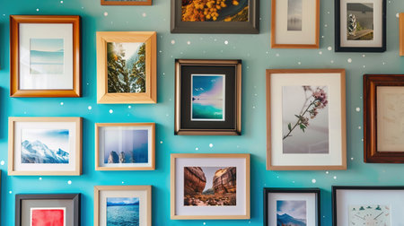 The photo frames hanging on a wall of a house. Pictures and photography in wooden frame hanging on wall. Home or museum gallery with paintings and photos. different shape borders for collage interior decorationの素材