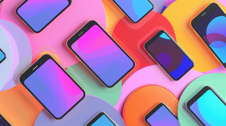 Modern Smartphone Mockups Floating with Geometric Backdrop. Dynamic display of sleek smartphones in various angles against vibrant colored circles, ideal for tech presentations.の素材