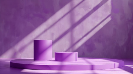 Realistic purple, white 3D cylinder pedestal podium with palm leaf shadow overlay background. Minimal scene mockup products display, Stage for showcase. geometric forms. Abstract studio room.の素材