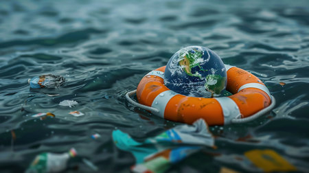 Planet earth with a life preserver around in the ocean. Planet Earth lies on a life preserver. Grug floats in the water. Garbage floats in the water. environmental pollutionの素材
