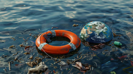 Planet earth with a life preserver around in the ocean. Planet Earth lies on a life preserver. Grug floats in the water. Garbage floats in the water. environmental pollutionの素材
