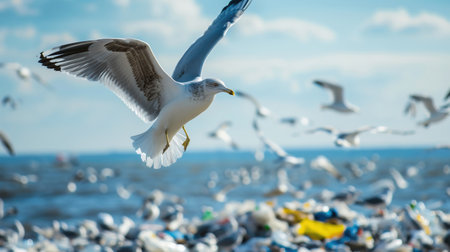 White gulls fly in summer day over a large pile of crock on the shore. environmental pollutionの素材