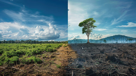 before-and-after shot of a deforested area - one image depicting lush greenery thriving, while the other reveals barren land devastated by human activity. This visual impact conveys both the cause (deforestation), its effect (loss of biodiversity and carbon sequestration), and potential fix (reforestation efforts). Climate crisis and global warmingの素材
