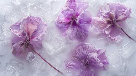 abstract artistic background with purple flowers frozen in ice, water and milkの素材