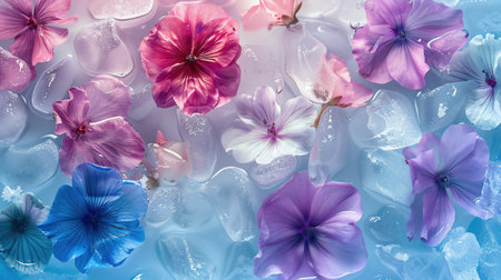 Field flowers in ice. Wild flowers in frozen water. Floral background. Botanical wallpaper. Natural decoration with field flowers in ice. Blossom compositionの素材