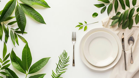 Stylish setting with cutlery and eucalyptus leaves on white marble table, Beautiful table setting with leaves on white backgroundの素材