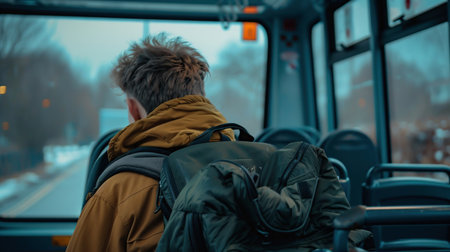 back view of man sitting on seats while riding in city bus. hitchhikerの素材