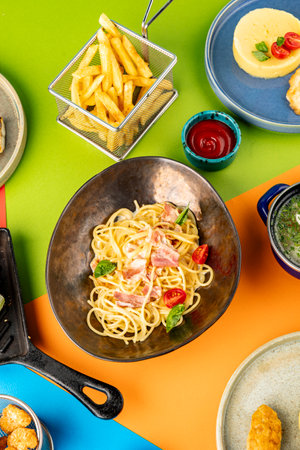 Top view of spaghetti with bacon, French fries with ketchup, mashed potatoes with tomato. Vertical photo. Set of food of the children's menu. Dinner. Restaurant serviceの写真素材