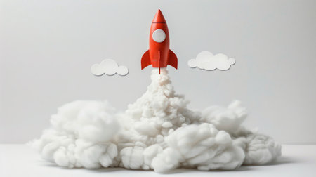 rocket launching with rising graph, surrounded by white clouds on white background. Concept of growth and success. strategy for financial successの素材