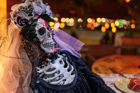 Portrait of female skeleton Catrina La Calavera. Festive spooky skeleton female face Dia de los...