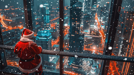 Santa Claus overlooking cityscape from snowy vantage point. Contemplative Christmas eve concept. New Yearの素材