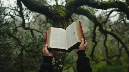 Bringing life to a tree. A man holds an open glowing book, then brings life to a dead treeの素材