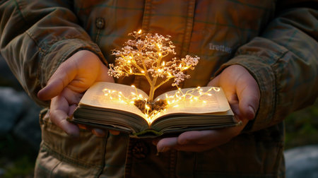 Bringing life to a tree. A man holds an open glowing book, then brings life to a dead treeの素材