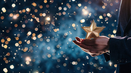 Merry Christmas! Stylish illuminated golden star in hands on background of modern decorated christmas tree with golden lights in evening room. Atmospheric magical christmas eveの素材