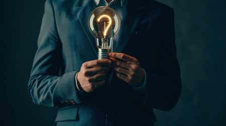 Question mark symbol. A man thinks about how to save electricityの素材