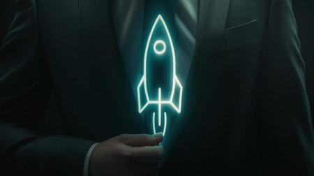 Businessman holding holographic rocket symbolizing startup success and growth acceleration with virtual rocket icon and up arrow for fast start up business. Startup business concept.の素材