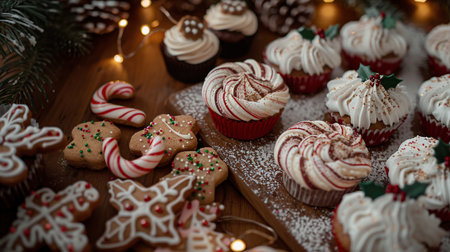 close-up shot of a festive display of Christmas treats, featuring candy canes resting beside gingerbread cookies decorated with white icing and colorful sprinklesの素材