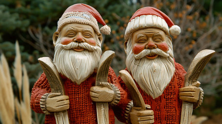 Two Santa Claus figurines dressed in festive red sweaters hold wooden skis. New Year conceptの素材