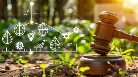 icon gavel on the nature background in The concept of business corporate and industry. law world for environmental regulation. sustainable environment conceptの素材