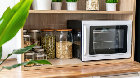 Smart kitchen organization. Lots of storage jars with various seeds and spices on shelves in kitchen interior near built-in microwave ovenの素材