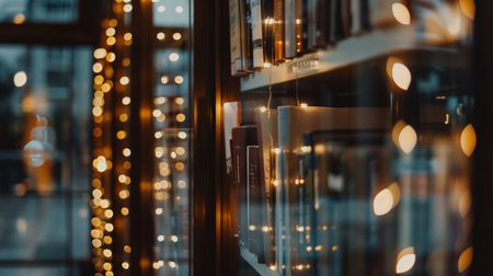 modern library Rows of shelves filled with books. Christmas bokehの素材