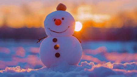 A cute snowman in the winter park. Snowman On Snow In Winter Forest With Snowfall In Defocused Landscape And Abstract Lightsの素材