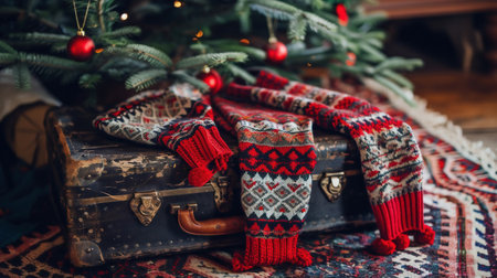 Christmas time. Knitted winter clothing in a suitcase in the room decorated christmas tree. Travel, holidayの素材