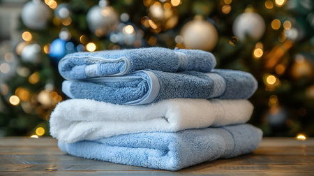 Fresh blue and white towels folded on the table, fir branches, Christmas balls and Christmas lights on background. New year cozy home interior. Christmas spa or beauty salon concept.の素材