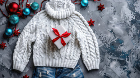 Winter holiday white sweater and hat, jeans with a gift with a red ribbon and blue balls on the background of a garlandの素材