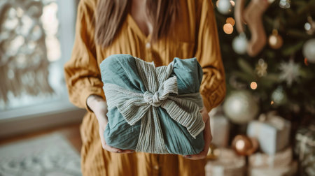 Woman Wrapping Christmas Gift In Eco Friendly Reusable Sustainable Cloth. Pastel colorsの素材