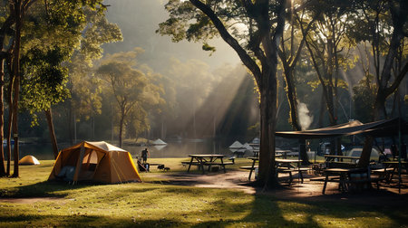 Travel trailer camping at sunset by the river at sunset panorama. Outdoor and Recreational Vehicles Theme. Travel Industry.の素材