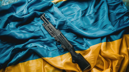 Gun control and rights. Close up photo with the Ukraine flag and the gunの素材