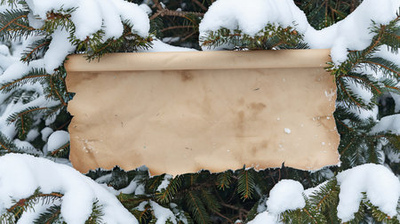 Christmas and New Year background, snow covered paper scroll.の素材