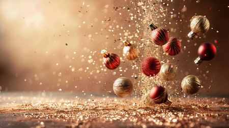Christmas card. Falling in the air christmas baubles. Christmas figurine. Levitation or zero gravity conception. High resolution image.の素材