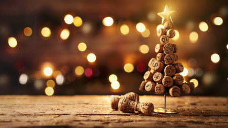 Silhouette of Christmas tree made from champagne corks on red background. Merry Christmas and Happy New Year conceptの素材