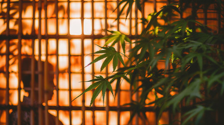 Window illuminated by warm light with silhouette of a person during evening hours. Japanese woman outside the windowの素材