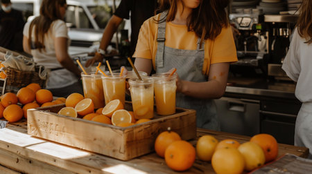 Wooden Stand for Selling Lemonade. selling lemonade on a hot summer day as their first business endeavor.の素材