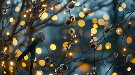 Classic Microphone with Golden Bokeh for Podcast and Music. Blurred Light Effectsの素材