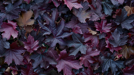 Close-up of colorful maple leaves. Top table view on multi-colored bright maple leaves. Fall backgroundの素材