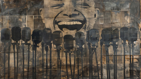 Contemporary art collage art showing a smiling mouth and lots of microphones. Concept for interview, news or sing karaoke.の素材