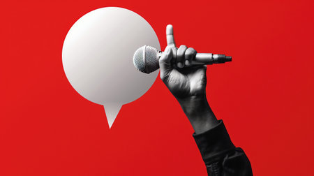 Contemporary art collage featuring a hand with microphone and message bubble. Concept for a negotiation, conference or advertisement.の素材