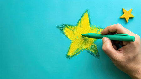 Review, increase rating or ranking, evaluation and classification concept. Businessman draw yellow star to increase rating of his company.の素材