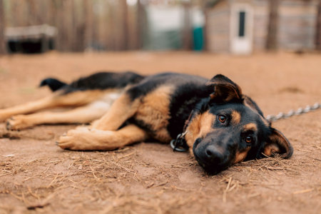 mongrel dog on a chain in a farm outdoor close upの写真素材