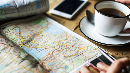 Hands planning a trip with a map, laptop, and camera on a wooden table. Travel planning with a map, laptop, and camera. Adventure preparation with a map. Planning a trip and destination.の素材