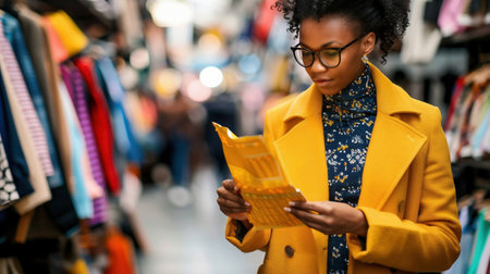 Beautiful African American woman is going to stick price tags on the goods. The saleswoman trades in the bazaar. Handmade marketの素材