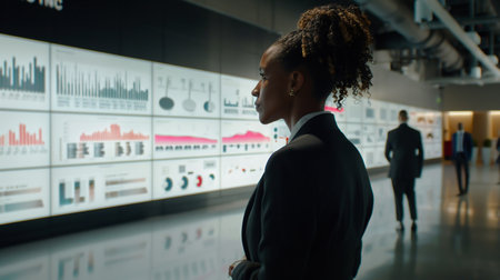 African American woman looking at large monitors with graphs and analytics. Technological conceptの素材