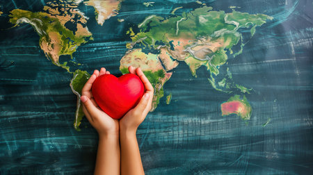 World Health Day concept. Heart and stethoscope design for health day on hand. Global health care concept. My Health My Rightの素材