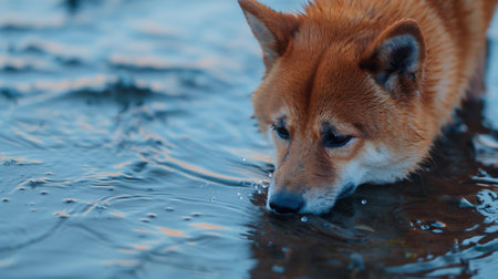 A red Shiba inu dog is catching fish on the seaの素材