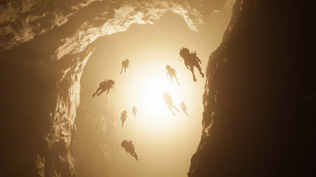 silhouette of scuba divers diving in dark cave. silhouette of scuba divers diving in narrow dark cave under the sea in deep sea concept of active outdoor lifestyle and underwater adventureの素材