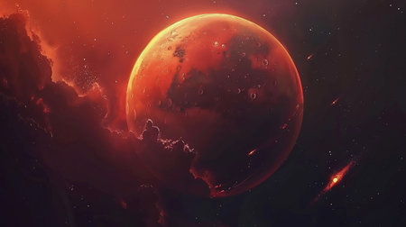 Mars planet in black deep space. Minimalistic sci-fi wallpaper. Mars globe with light. Red planet.の素材